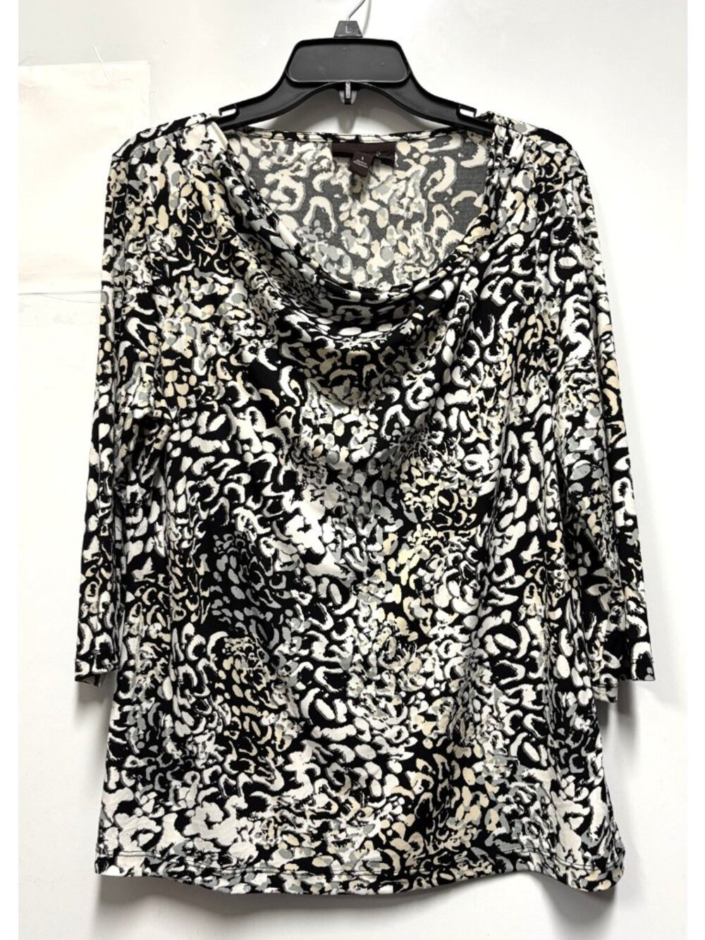 Notations Womens Black White Drape Neck Top 3/4 Sleeve Stretch - Large